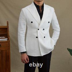 Real Linen Double-breasted Slim-fit Suit Breathable Lapel Collar Suit Jacket Men