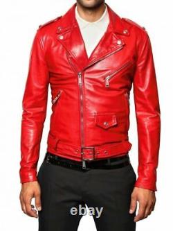 Red Biker Motorcycle Genuine 100% Real Lambskin Leather Jacket For Men