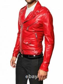 Red Biker Motorcycle Genuine 100% Real Lambskin Leather Jacket For Men