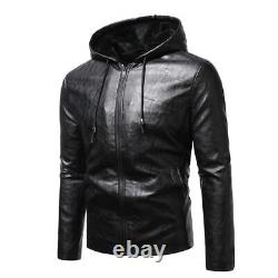Slim Fit Biker Black Hoodie Jacket Men Casual Classic Winter Real Leather
