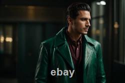 Soft Stylish Trench Coat Men Leather Green Lambskin Festive Wear Slim Fit Coat