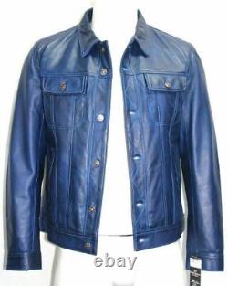 Stylish Real Men's Lambskin Leather Blue Trucker Vintage Jacket Biker Slim Fit