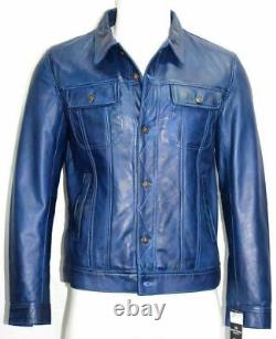 Stylish Real Men's Lambskin Leather Blue Trucker Vintage Jacket Biker Slim Fit