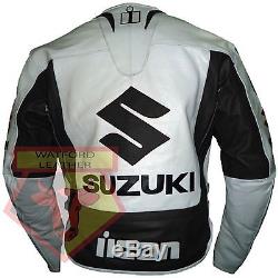 Suzuki 4269 Black And White Motorcycle Armoured Cowhide Leather Motorbike Jacket