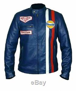Tag Heuer Driver Gulf Steve McQueen Slim Cafe Racer Blue Leather Jacket for Men