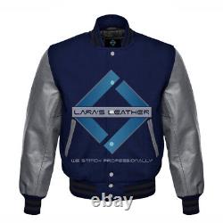 Top Baseball Varsity College Wool Jacket with Grey Real Leather Sleeve XS-7XL