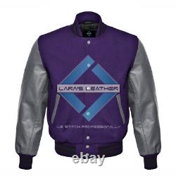 Top Baseball Varsity College Wool Jacket with Grey Real Leather Sleeve XS-7XL