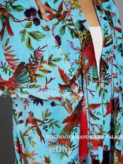 Turquoise Blue Bird Velvet Banyan Fabric Kimono Cotton Velvet Robe Long Jacket