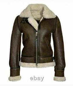 Women Aviator RAF Bomber Fur Shearling Sheepskin Real Leather Jacket