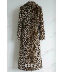 Women Faux Fur Leopard Coat Winter Warm Furry Long Jacket Outwear Lapel Parka