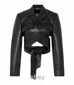 Women Real Leather Biker Cropped Wrap Style Jacket with collar & long sleeves