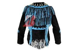 Women Western Suede Leather Jacket with Fringe, Bone & Studs NATIVE AMERICAN COAT