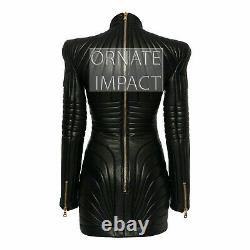 Womens Black Leather Trench Steampunk Dress Gothic PUNK Victorian Coat Jacket