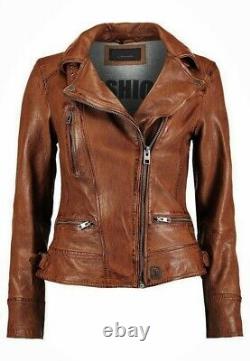Womens Latest Cafe Racer Moto Biker Distressed Brown Vintage Real Leather Jacket