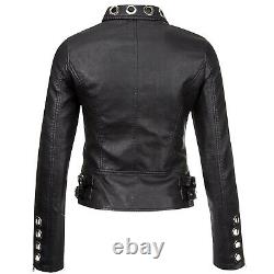 Womens Real Black Leather Studded Eyelet Moto Biker Jacket Leather Eyelet jacket