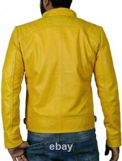 Yellow Motorcycle Slim Biker Lambskin Classic Men's Festive Leather fit Jacket