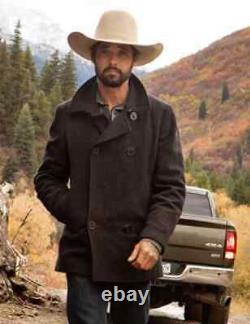 Yellowstone Ryan Bingham Ian Bohen Black Cowboy Double Breasted Wool Pea Coat