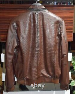 Zilli Crocodile Embossed Genuine Leather Men's Brown Bomber Jacket