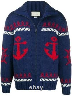 Gucci Laine Bomber Sweater Cardigan M Intarsia Zip Up Anchor Rouge Bleu Tricoté