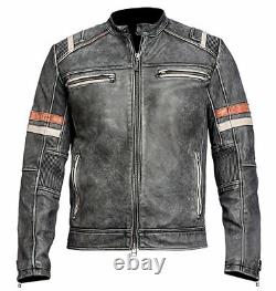 Homme Biker Vintage Style Cafe Racer Retro Distressed Leather Jacket /us Seller