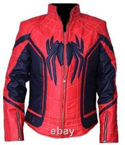 Homme Noir & Rouge Spiderman Style Slim Fit Manches Longues Veste En Cuir Véritable
