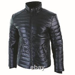 Homme Original Leather Genuine Matelassé Puffer Zippé Veste Black Casual 2020
