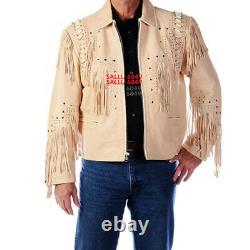 Homme Western Cowboy Veste En Cuir Beige Blanc Avec Style Clouté À La Frange