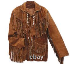 Hommes Native American Western Porter Une Veste En Cuir Suede Brun Avec Des Perles De Fringes
