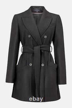 Karen Millen Belted Wrap Winter Warm Coat Smart Jacket En Noir