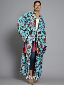 Kimono long en tissu banyan en velours de coton bleu turquoise avec oiseaux