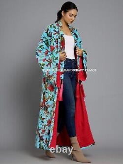 Kimono long en tissu banyan en velours de coton bleu turquoise avec oiseaux