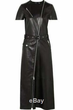 Les Femmes Véritable Veste En Cuir Robe Noire Fermeture À Glissière Complète Avec Retour Slit & Ceinture