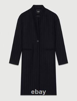 Manteau droit à fines rayures en laine mélangée Maje $1100, taille 40, noir, neuf avec étiquette