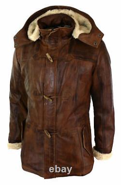Manteau en cuir véritable de mouton brun pour homme avec capuche et doublure en duffle coat trench long