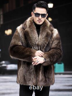 Manteau en fourrure de renard pour homme, longueur moyenne, veste en fourrure de renard avec col, parka épaisse et chaude.