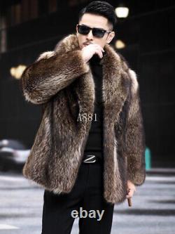 Manteau en fourrure de renard pour homme, longueur moyenne, veste en fourrure de renard avec col, parka épaisse et chaude.