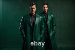 Manteau trench en cuir vert pour homme, élégant et doux, en agneau, ajusté - tenue de fête