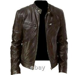 Mens Vintage Cafe Racer Genuine Leather Brown Black Slim Fit Real Biker Jacket