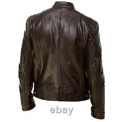 Mens Vintage Cafe Racer Genuine Leather Brown Black Slim Fit Real Biker Jacket