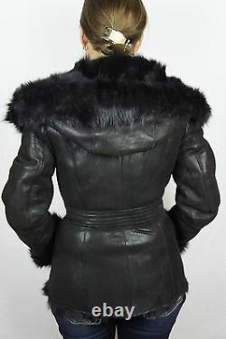 Noir 100% Peau De Mouton Toscana Cisaillement Cuir Lambskin Hood Coat Jacket Xs-7xl