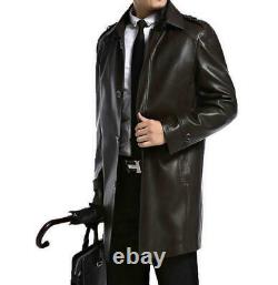 Noora Hommes Leather Long Trench Coat Outwear Veste Business Overcoat Slim Fit Sp6