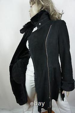 Nouveau 100% Real Genuine Shearling Suede Leather Black Coat Jacket Fur Warm, Xs-6xl