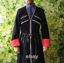 Nouveau Black Chokha Cossack & Caucase Laine Rouge Traditionnelle Cuffs Manteau Hommes Fastship