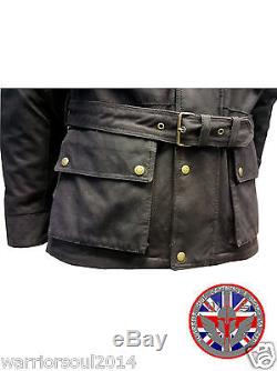 Nouveau Homme Noir Cotton Waxed Moto Respirant, Doublé Wp, Armor Biker Jacket