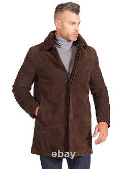 Nouveau manteau trench en cuir suédé marron foncé pour homme. Véritable veste en cuir d'agneau souple.