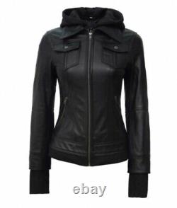 Nouvelle veste bomber noire pour femme avec capuche en polaire amovible pour toutes les saisons.