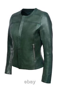 Nouvelle veste de luxe pour femme en cuir véritable vert foncé au design décontracté et élégant
