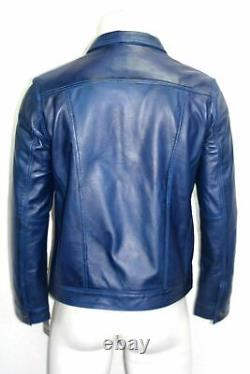 Nouvelle veste de motard en cuir d'agneau véritable pour hommes de couleur bleu foncé