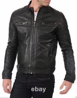 Nouvelle veste de moto Café Racer slim fit en cuir noir véritable pour hommes.