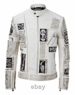 Nouvelle veste en cuir Philipp Plein blanche avec patchs brodés argentés et cloutés.